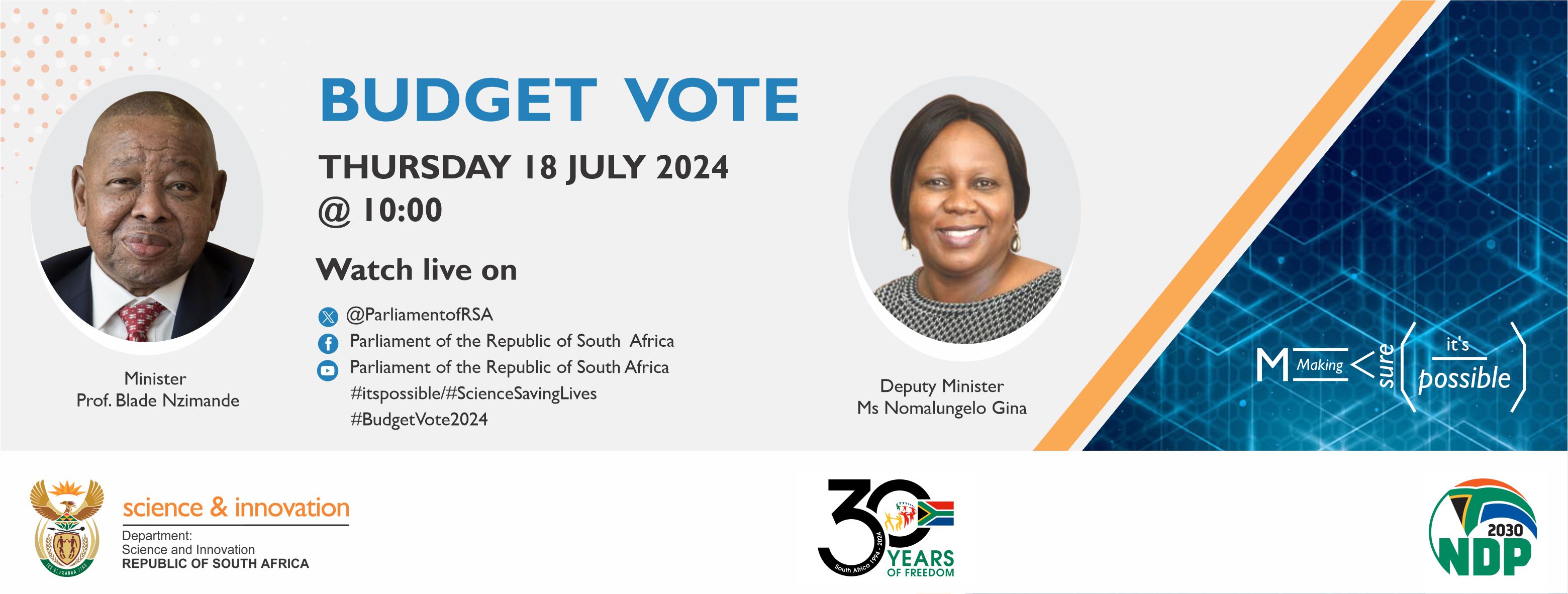 Department of Science and Innovation Budget Vote 2024/25 speech Rescheduled to 18 July 2024