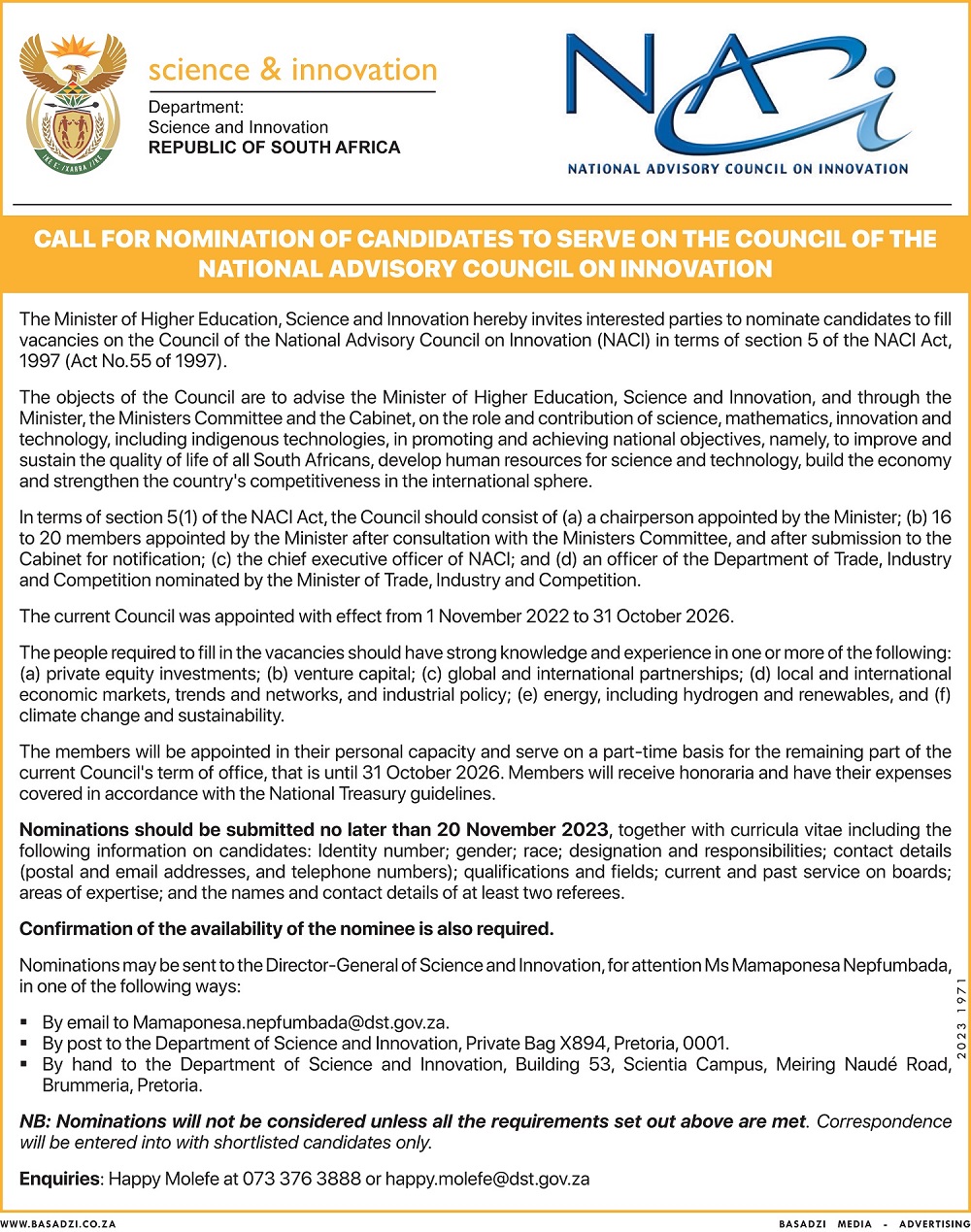 CALL FOR NOMINATION OF CANDIDATES TO SERVE ON THE COUNCIL OF THE NATIONAL ADVISORY COUNCIL ON INNOVATION