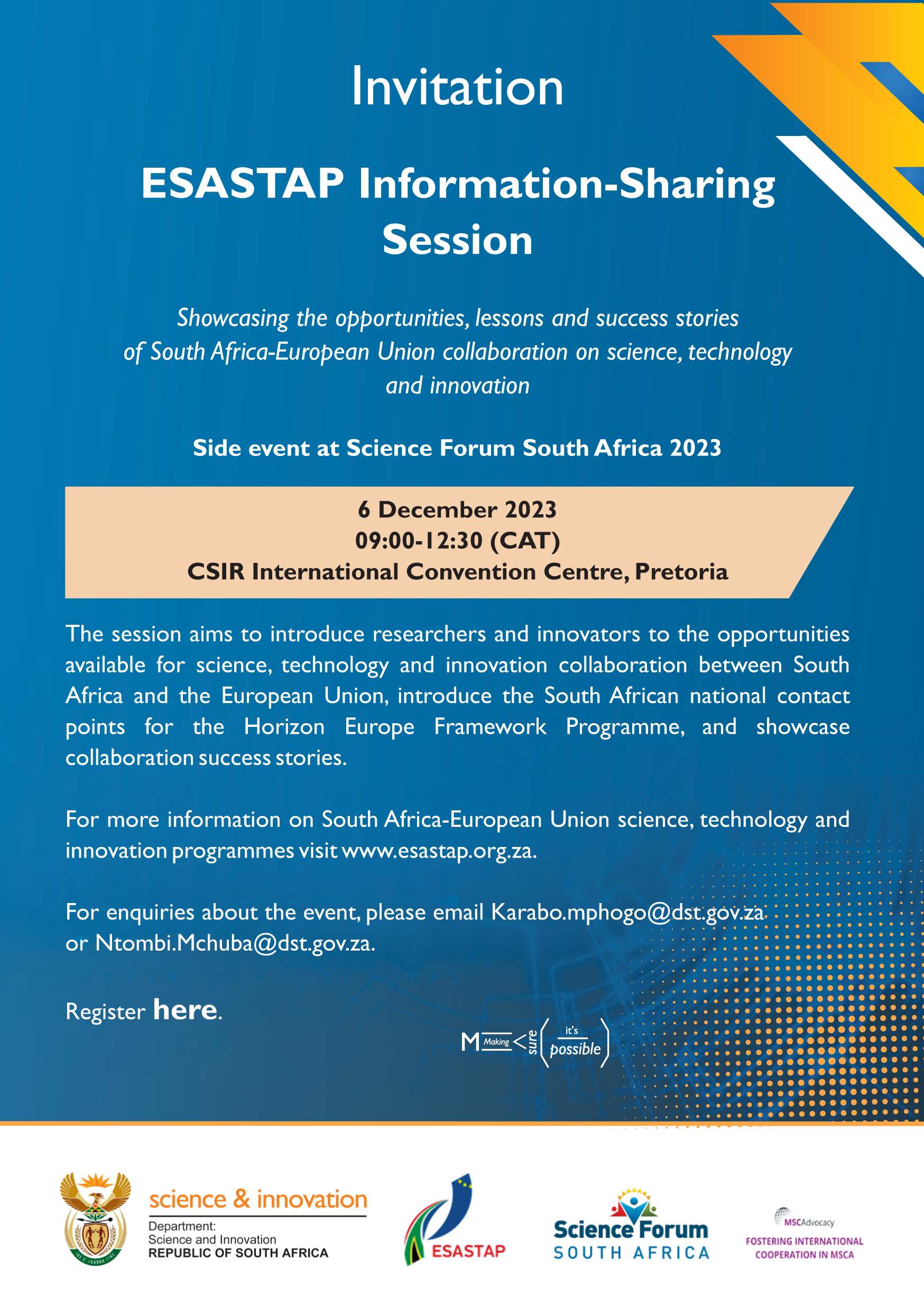 SA-EU Side Event to Science Forum South Africa 2023 on 6 December 2023 at the CSIR ICC Pretoria