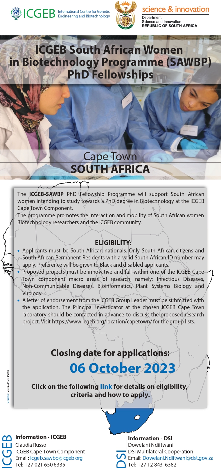 Call for applications: ICGEB-SA Women in Biotechnology PhD fellowships