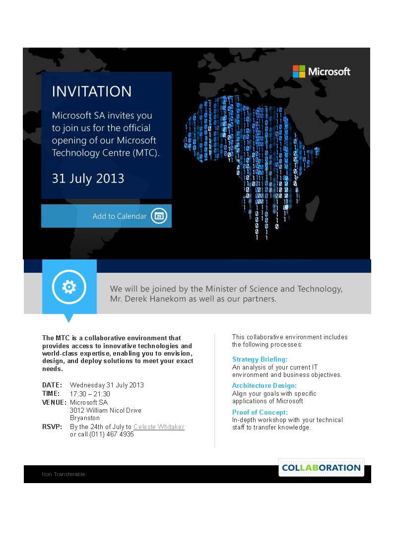 Call for invite to Microsoft SA on 31 July 2013