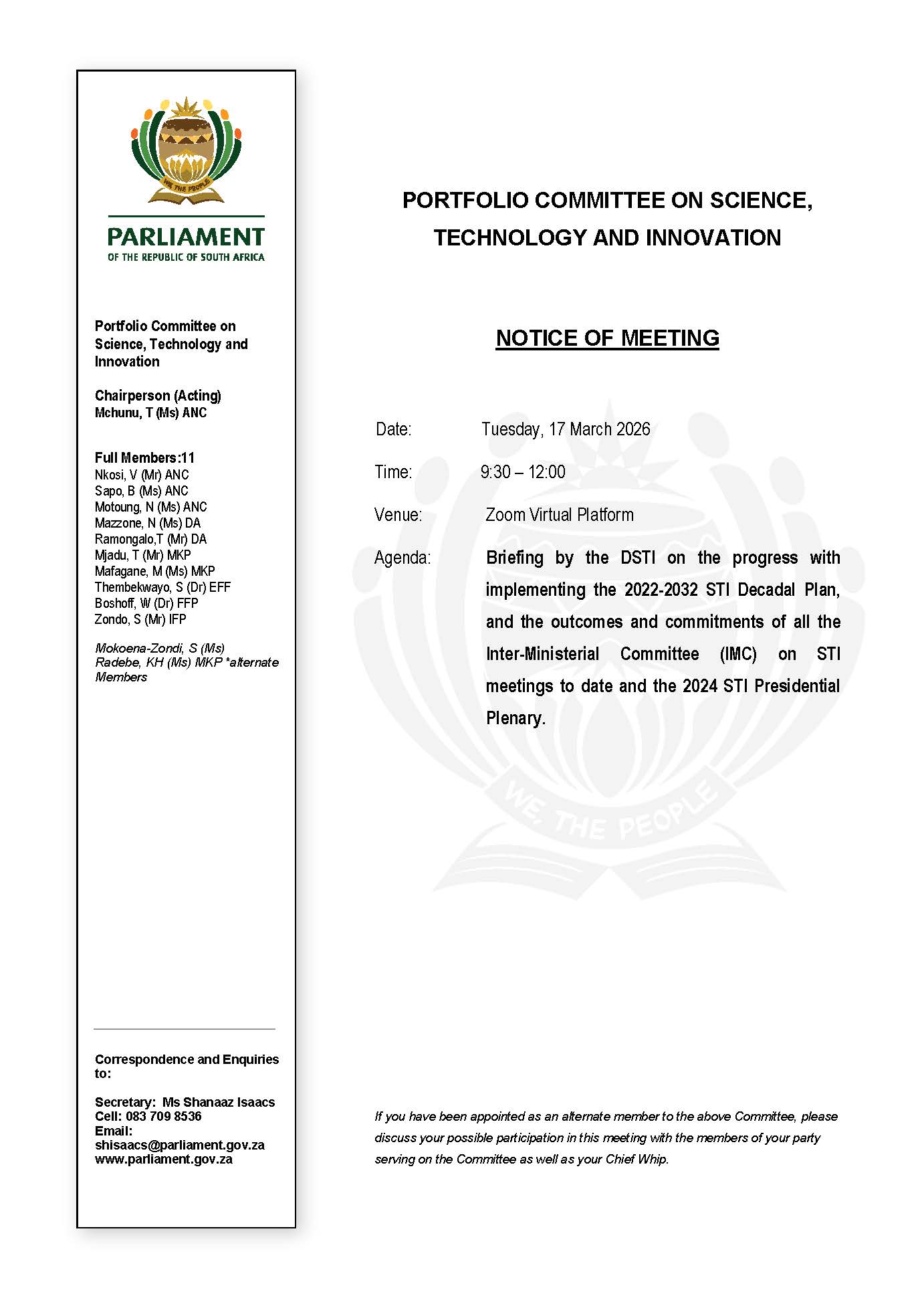 Portfolio committee on Science, Technology and Innovation